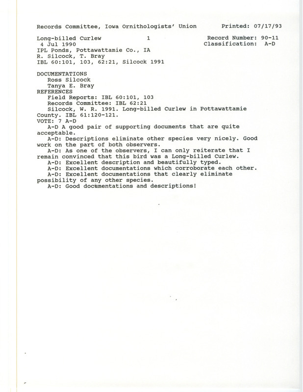 Records Committee review of a Long-billed Curlew at MidAmerican Energy Ponds in Pottawattamie County, IA on July 4, 1990. Includes a record review document with votes, an article in Iowa Bird Life, notes about the sighting, and two documentation forms submitted to the committee.