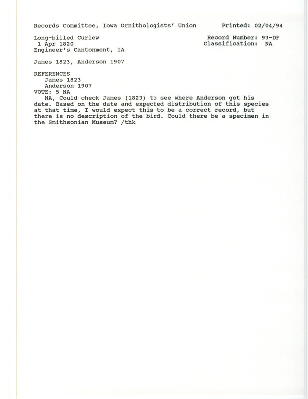 Records Committee review for Long-billed Curlews at Engineer's Cantonment, IA on April 1, 1820. Includes a record review document with votes, the original sighting record found in the publication Account of an Expedition from Pittsburgh to the Rocky Mountains Performed in the Years 1819, 1820 by Edwin James seen by Thomas Say, and referenced by another publication.