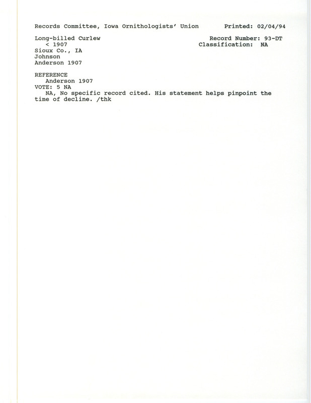 Records Committee review for Long-billed Curlew at Sioux County, IA before 1907. Includes a record review document with votes and the original sighting record found in the publication Birds of Iowa by Rudolph Martin Anderson seen by A.I. Johnson.