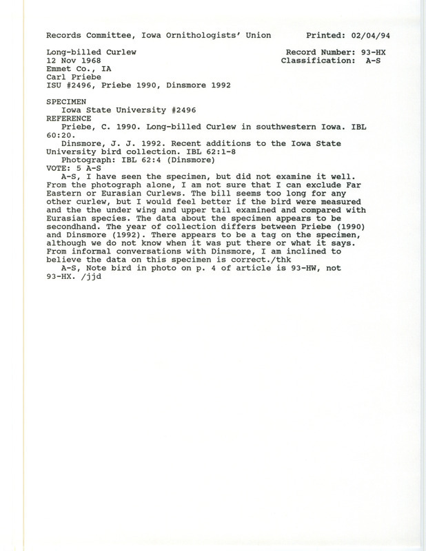 Records Committee review for a Long-billed Curlew at West Swan Lake in Emmet County, IA on November 12, 1968. Includes a record review document with votes, the original sighting record found in the publication Long-billed Curlew in southwestern Iowa in Iowa Bird Life 60:20 by Carl Priebe, and referenced by another publication.