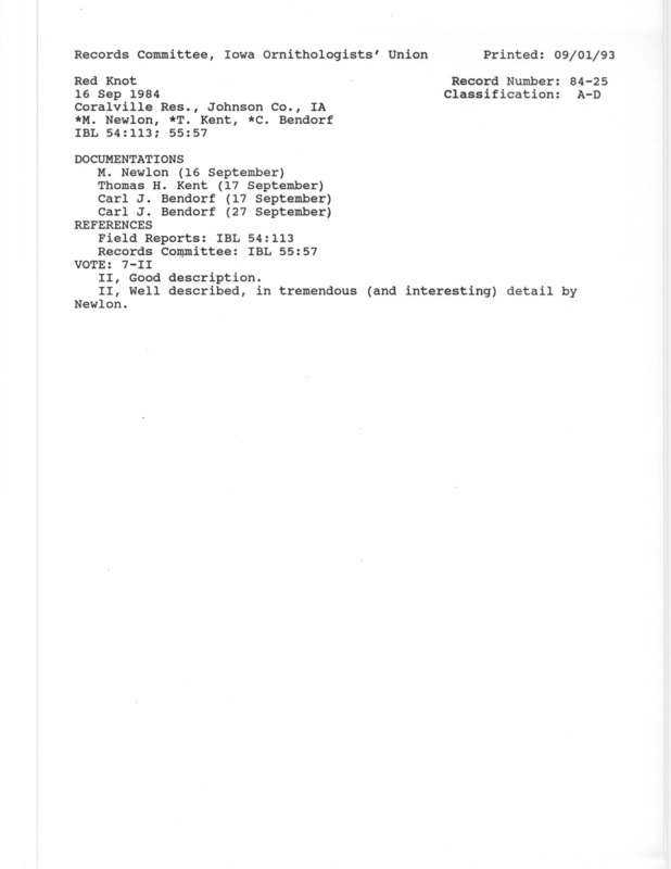 Records Committee review of a Red Knot at Sand Point in Coralville Reservoir in Johnson County, IA on September 16, 1984. Includes a record review document with votes and four documentation forms submitted to the committee.