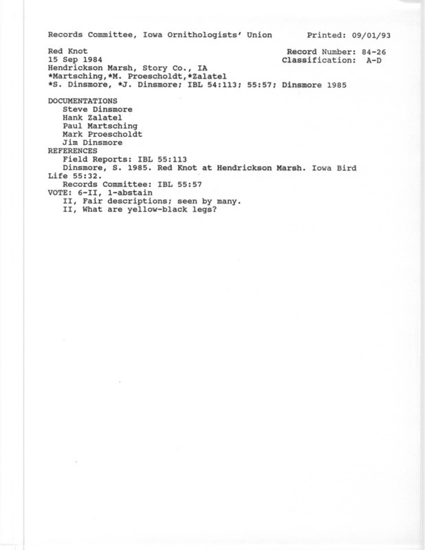 Records Committee review for a Red Knot at Hendrickson March in Story County, IA on September 15, 1984. Includes a record review document with votes, an article in Iowa Bird Life and five documentation forms submitted to the committee.