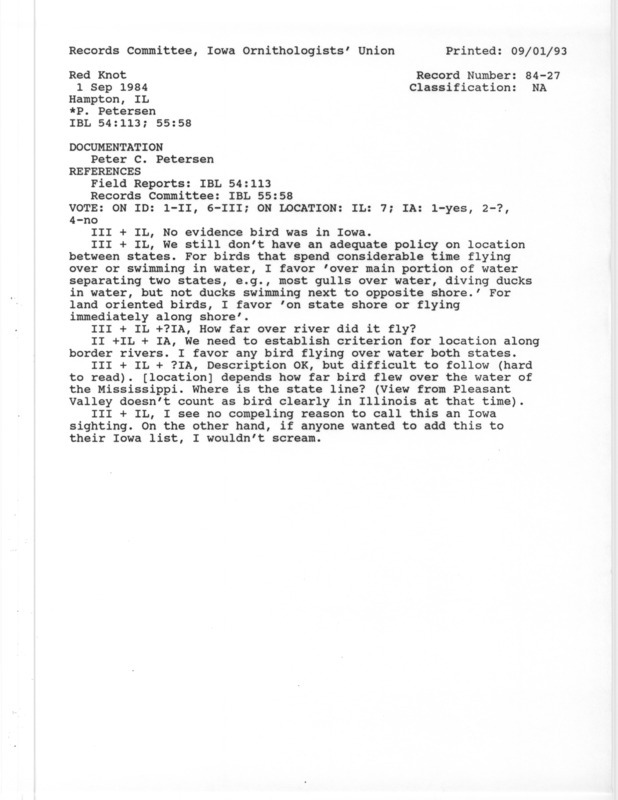 Records Committee review of a Red Knot at Hampton in Rock Island County, IL on September 1, 1984. Includes a record review document with votes and a documentation form submitted to the committee.