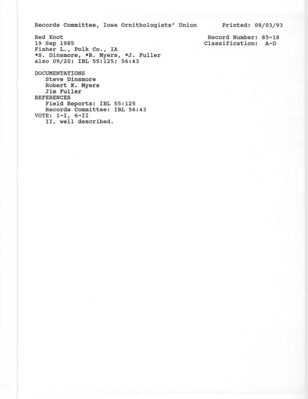 Records Committee review for a Red Knot at Fisher Lake in Polk County, IA on September 19, 1985. Includes a record review document with votes and three documentation forms submitted to the committee.