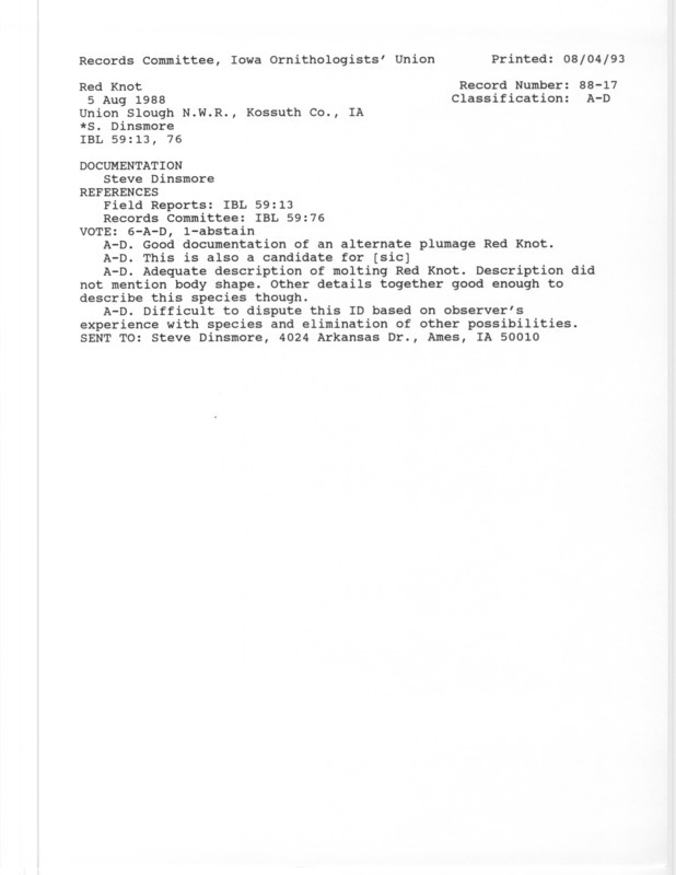 Records Committee review for a Red Knot at Union Slough National Wildlife Refuge in Kossuth County, IA on August 5, 1988. Includes a record review document with votes and a documentation form submitted to the committee.