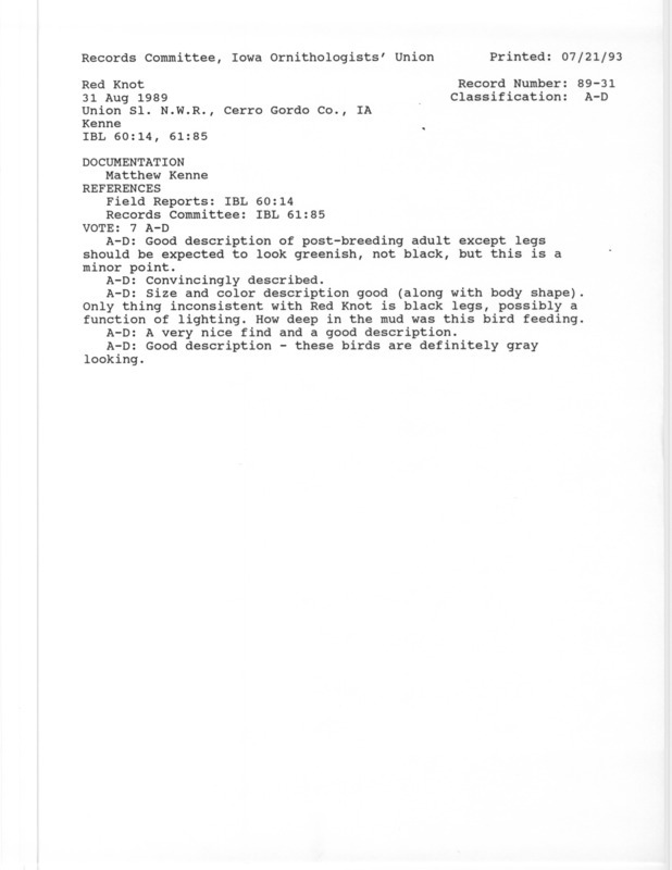 Records Committee review for a Red Knot at Union Slough National Wildlife Refuge in Kossuth County, IA on August 31, 1989. Includes a record review document with votes and a documentation form submitted to the committee.