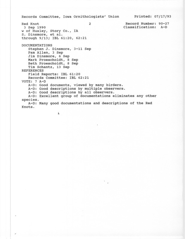 Records Committee review for two Red Knots west of Huxley in Story County, IA on September 3, 1990. Includes a record review document with votes and six documentation forms submitted to the committee.