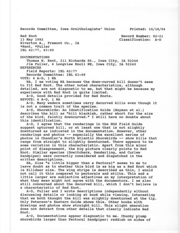 Records Committee review for two Red Knots at Riverton Area in Fremont County, IA on May 13, 1992. Includes a record review document with votes and two documentation forms submitted to the committee.