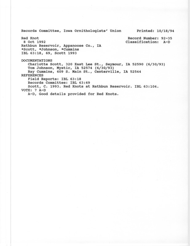 Records Committee review for three Red Knots at Island View Park at Rathbun Lake in Appanoose County, IA on October 8, 1992. Includes a record review document with votes, an article in Iowa Bird Life, and three documentation forms submitted to the committee.