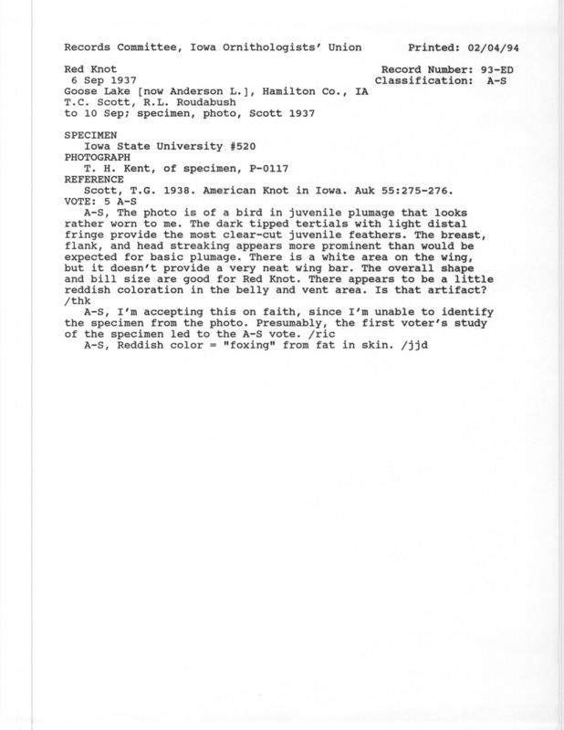 Records Committee review for a Red Knot at Goose Lake in Hamilton County, IA on September 6, 1937. Includes a record review document with votes, the original sighting record found in the publication American Knot in Iowa in Auk 55:275-276 by T.G. Scott also identified by George O. Hendrickson and collected by R.L. Roudabush, and referenced by another publication.