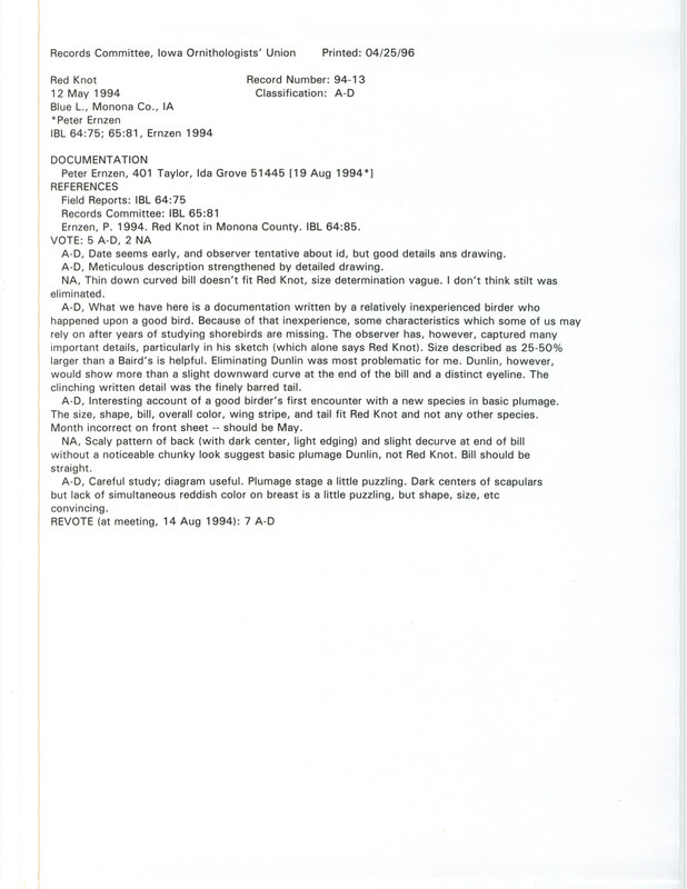 Records Committee review for a Red Knot at Blue Lake in Monona County, IA on May 12, 1994. Includes a record review document with votes, an article in Iowa Bird life, field notes from the sighting, and a documentation form submitted to the committee. The date is incorrectly recorded on the documentation form as April 12, 1994.