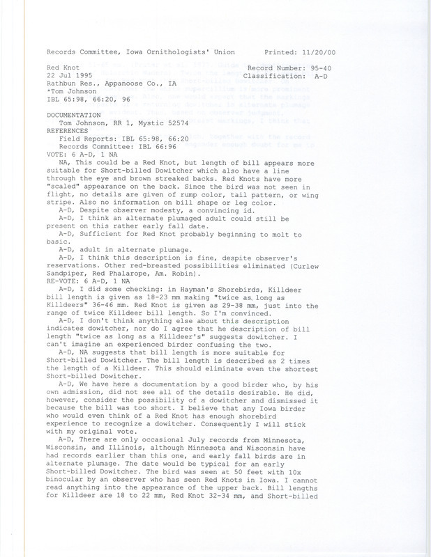 Records Committee review for a Red Knot at Rathbun Reservoir in Appanoose County, IA on July 22, 1995. Includes a record review document with votes, and a documentation form submitted to the committee.