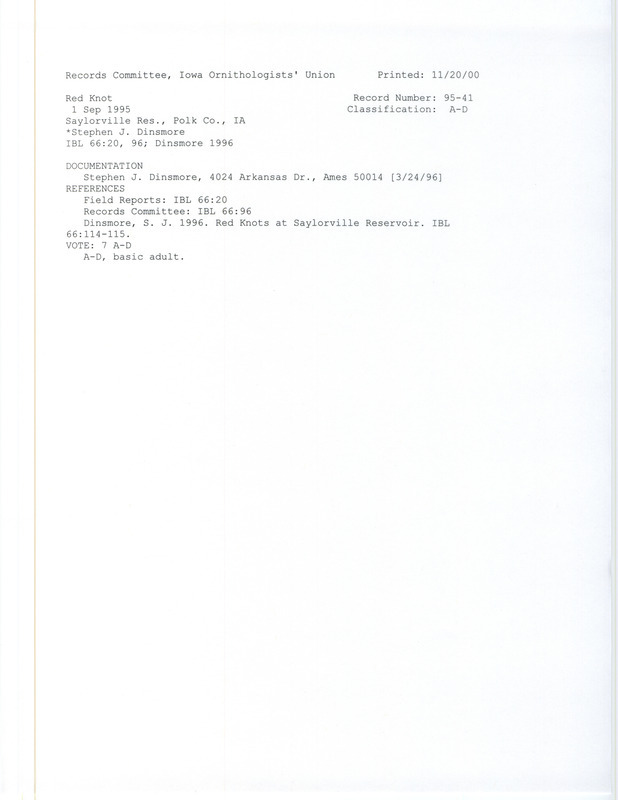 Records Committee review for a Red Knot at Saylorville Reservoir in Polk County, IA on September 1, 1995. Includes a record review document with votes, an article in Iowa Bird Life, and a documentation form submitted to the committee.