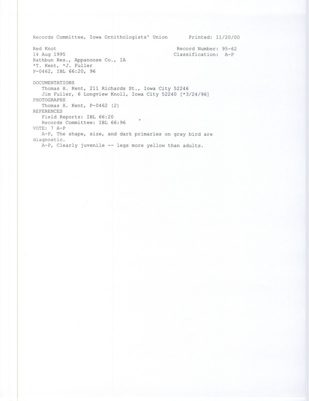 Records Committee review for a Red Knot at Island View Park at Rathbun Reservoir in Appanoose County, IA on August 14, 1995. Includes a record review document with votes, two photos, and two documentation forms submitted to the committee.