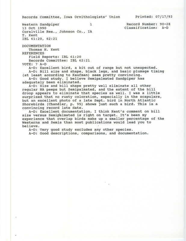 Records Committee review of a Western Sandpiper at Babcock Access at Coralville Reservoir in Johnson County, IA on October 13, 1990. Includes a record review document with votes and a documentation form submitted to the committee.