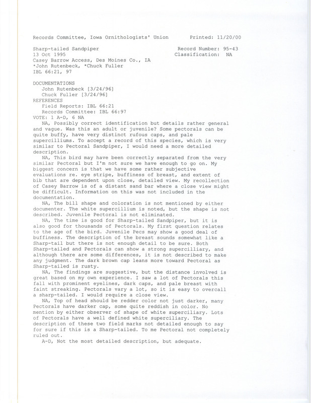 Records Committee review for a Sharp-tailed Sandpiper at Casey Barrow Access in Des Moines County, IA on October 13, 1995. Includes a record review document with votes and a documentation form with an appendix submitted to the committee.