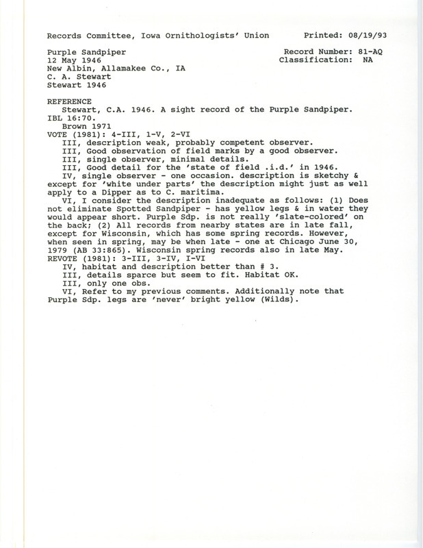 Records Committee review for a Purple Sandpiper near New Albin in Allamakee County, IA on May 12, 1946. Includes a record review document with votes, an account of the sighting in An Annotated List of the Birds of Iowa by Woodward H. Brown, and the original sight record of the Purple Sandpiper in Iowa in Iowa Bird Life 16:70 by A.C. Stewart.