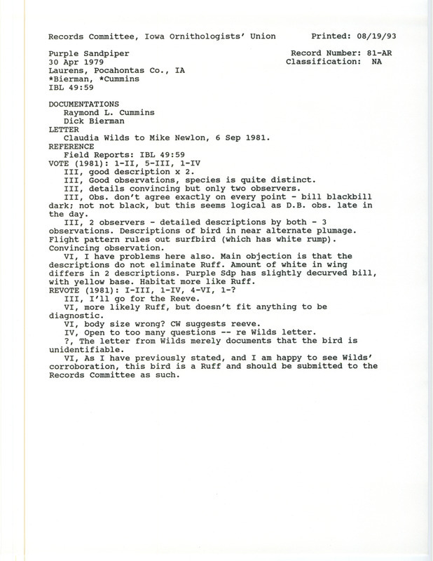 Records Committee review for a Purple Sandpiper south of Laurens in Pocahontas County, IA on April 30, 1979. Includes a record review document with votes, correspondence about the bird sighting from Claudia Wilds to Mike Newlon, and two documentation forms submitted to the committee.