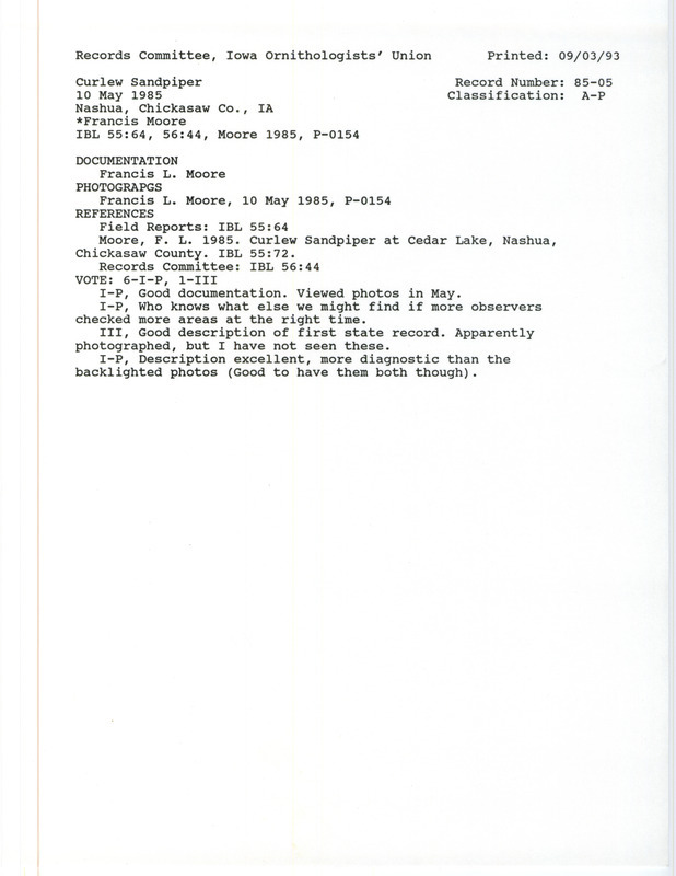 Records Committee review for a Curlew Sandpiper at Cedar Lake in Chickasaw County, IA on May 10, 1985. Includes a record review document with votes, an article in Iowa Bird Life and a documentation form submitted to the committee.