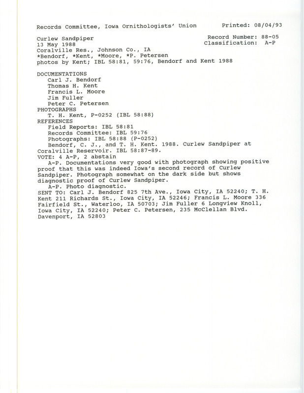 Records Committee review for a Curlew Sandpiper at Hawkeye Wildlife Area in Johnson County, IA on May 13, 1988. Includes a record review document with votes, an article in Iowa Bird Life, and five documentation forms submitted to the committee.