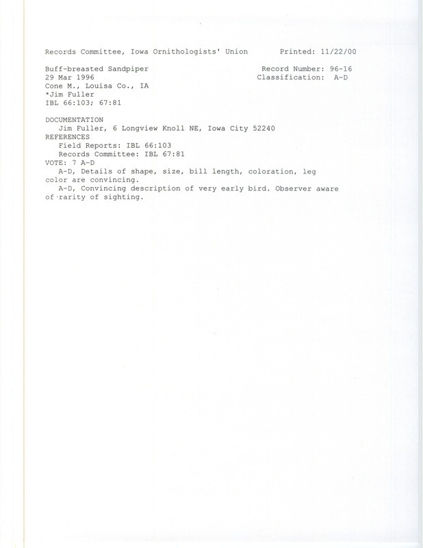 Records Committee review for a Buff-breasted Sandpiper at Cone March in Louisa County, IA on March 29, 1996 Includes a record review document with votes and a documentation form submitted to the committee.