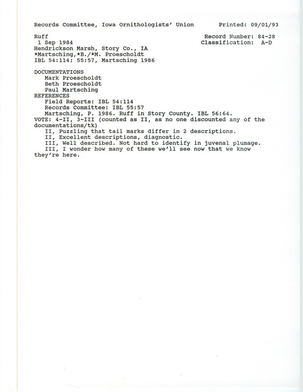 Records Committee review for a Ruff at Hendrickson March in Story County, IA on September 1, 1984. Includes a record review document with votes, an Iowa Bird Life article, and three documentation forms submitted to the committee.