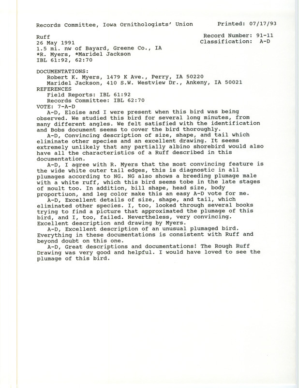 Records Committee review of a Ruff northwest of Bayard in Greene County, IA on May 26, 1991. Includes a record review document with votes and two documentation forms submitted to the committee.