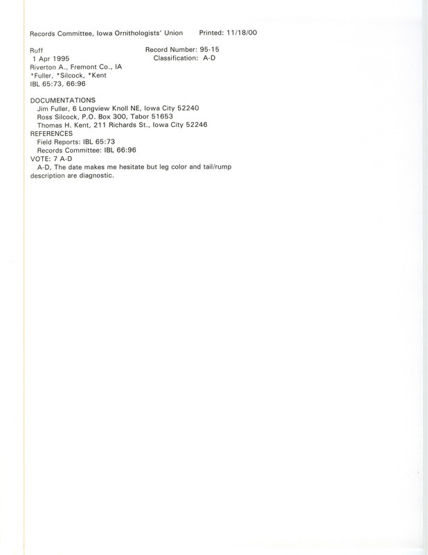 Records Committee review of a Ruff at Riverton Area in Fremont County, IA on April 1, 1995. Includes a record review document with votes and three documentation forms submitted to the committee.