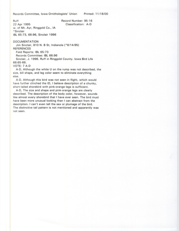 Records Committee review for a Ruff west of Mount Ayr in Ringgold County, IA on April 22, 1995. Includes a record review document with votes, an article in Iowa Bird Life, and a documentation form submitted to the committee.