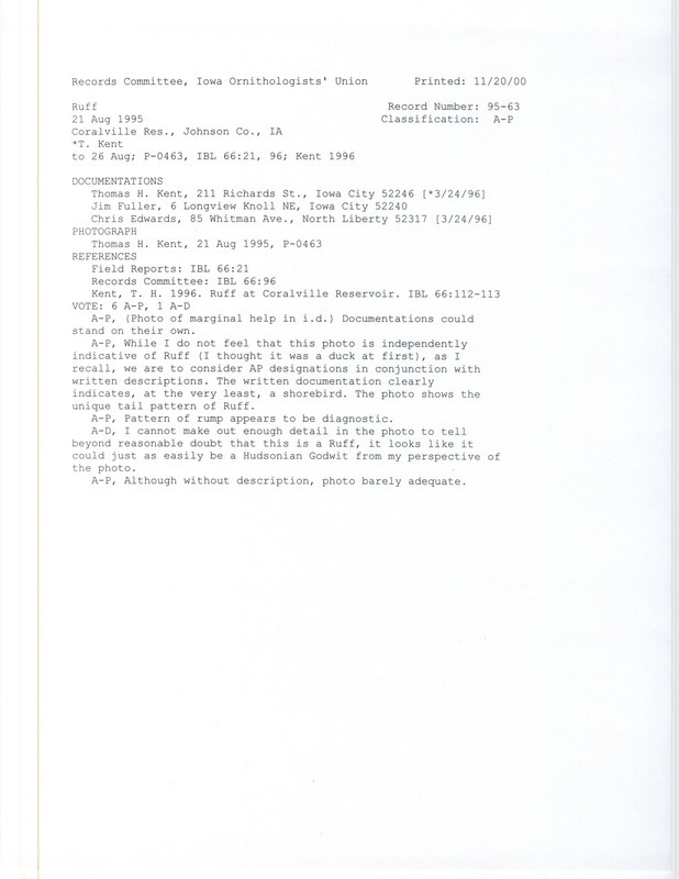 Records Committee review of a Ruff at Coralville Reservoir in Johnson County, IA on August 21, 1995. Includes a record review document with votes, a photograph, an Iowa Bird Life article, and three documentation forms submitted to the committee.