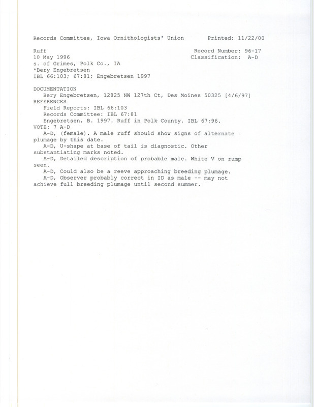 Records Committee review of a Ruff south of Grimes in Polk County, IA on May 10, 1996. Includes a record review document with votes, an Iowa Bird Life article, and a documentation form submitted to the committee.