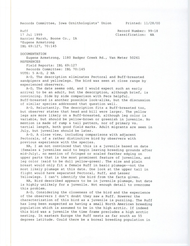 Records Committee review of a Ruff at Harrier March in Boone County, IA on July 17, 1999. Includes a record review document with votes and a documentation form submitted to the committee.