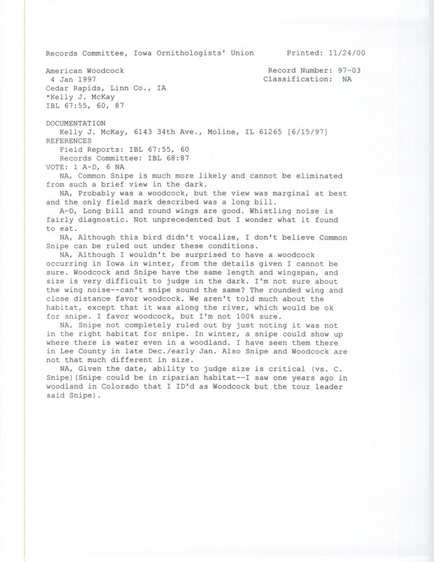 Records Committee review for an American Woodcock at Cedar Rapids in Linn County, IA on January 4, 1997. Includes a record review document with votes and a documentation form submitted to the committee.