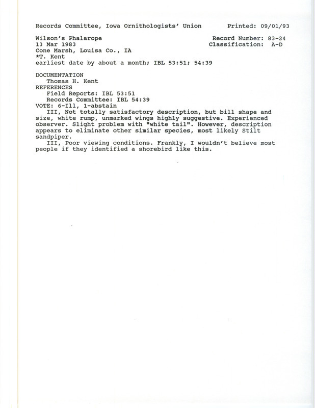 Records Committee review for a Wilson's Phalarope at Cone March in Louisa County, IA on March 13, 1983. Includes a record review document with votes and a documentation form submitted to the committee.