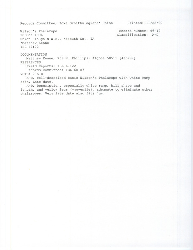 Records Committee review for a Wilson's Phalarope at Union Slough National Wildlife Refuge in Kossuth County, IA on October 20, 1996. Includes a record review document with votes and a documentation form submitted to the committee.