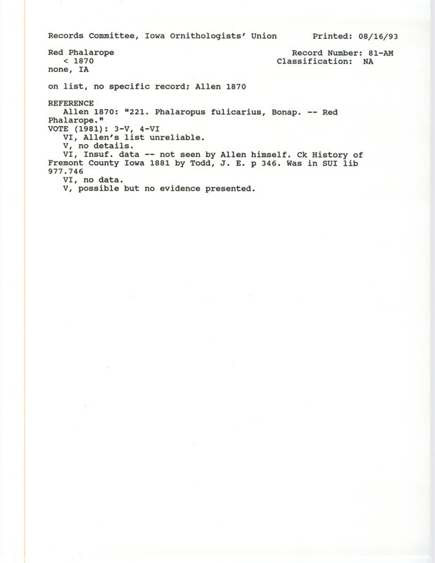 Records Committee review for Red Phalaropes in Iowa before 1870. Includes a record review document with votes, the original sighting record found in the publication A Catalogue of the Birds of Iowa by J.A. Allen in White's Geological Survey in 1870, and referenced by two other publications.