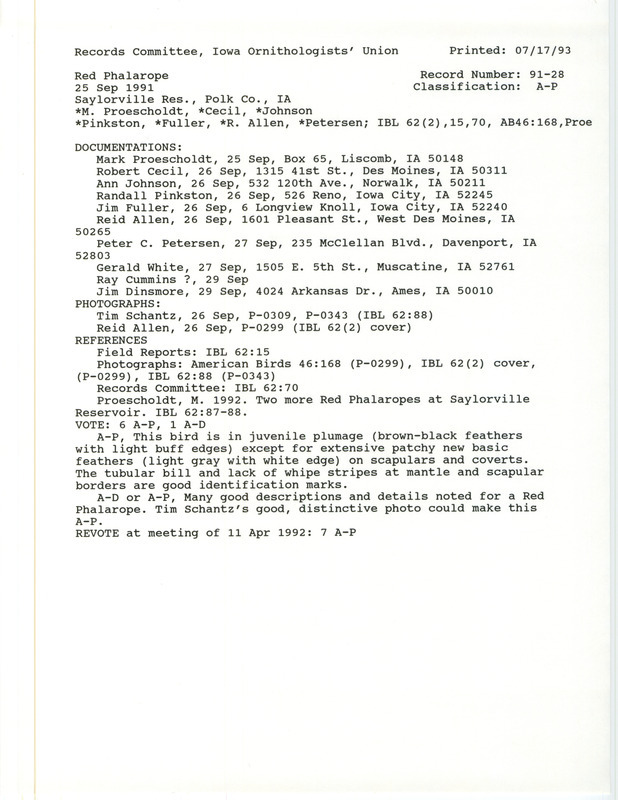 Records Committee review for a Red Phalarope at Sandpiper Beach at Saylorville Reservoir in Polk County, IA on September 25, 1991. Includes a record review document with votes, articles in Iowa Bird Life and American Birds, three photos, and eleven documentation forms submitted to the committee.