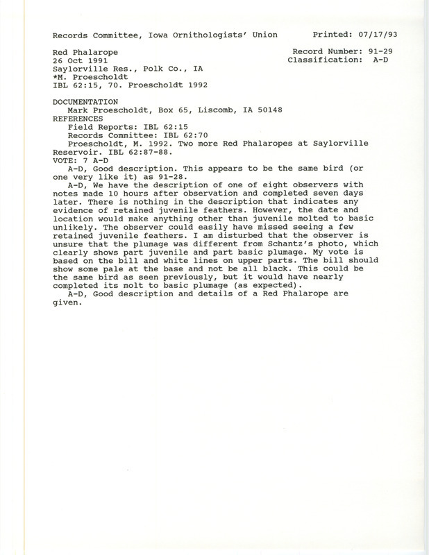 Records Committee review of a Red Phalarope at Sandpiper Beach at Saylorville Reservoir in Polk County, IA on October 26, 1991. Includes a record review document with votes, an article in Iowa Bird Life, and a documentation form submitted to the committee.