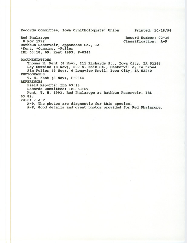 Records Committee review for a Red Phalarope at Rathbun Reservoir in Appanoose County, IA on November 8, 1992. Includes a record review document with votes, two photos, an article in Iowa Bird Life, and three documentation forms submitted to the committee.