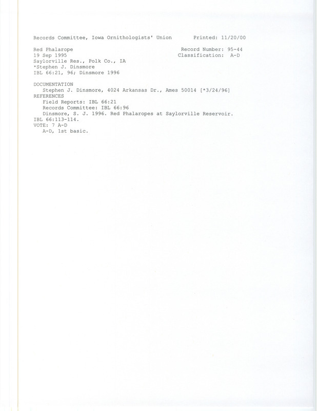 Records Committee review of a Red Phalarope at Saylorville Reservoir in Polk County, IA on September 19, 1995. Includes a record review document with votes, an article of Iowa Bird Life, and a documentation form submitted to the committee.