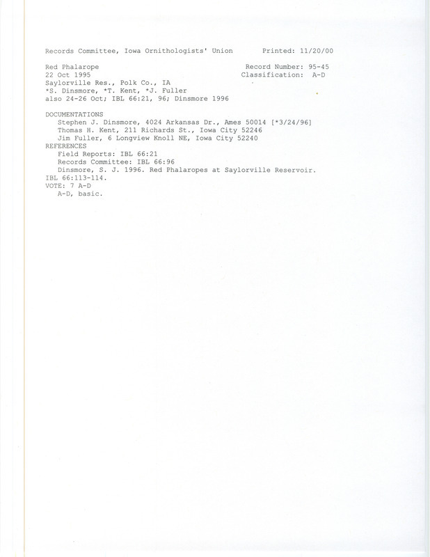 Records Committee review for a Red Phalarope at Saylorville Reservoir in Polk County, IA on October 22, 1995. Includes a record review document with votes, an article in Iowa Bird Life, and three documentation forms submitted to the committee.