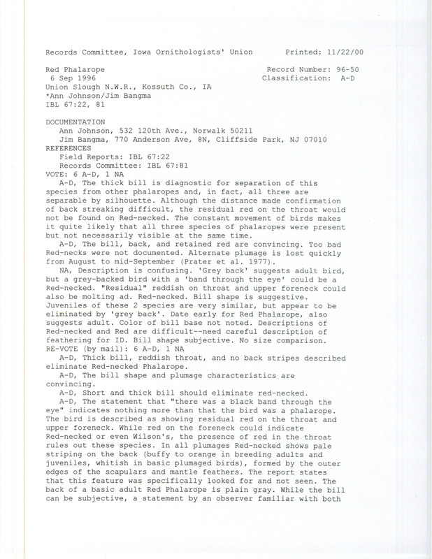 Records Committee review for a Red Phalarope at Union Slough National Wildlife Refuge in Kossuth County, IA on September 6, 1996. Includes a record review document with votes and a documentation form submitted to the committee.