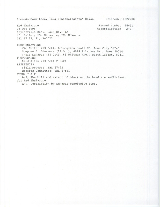 Records Committee review for a Red Phalarope at Sandpiper Recreation Area at Saylorville Reservoir in Polk County, IA on October 13, 1996. Includes a record review document with votes, two photos, and three documentation forms submitted to the committee.