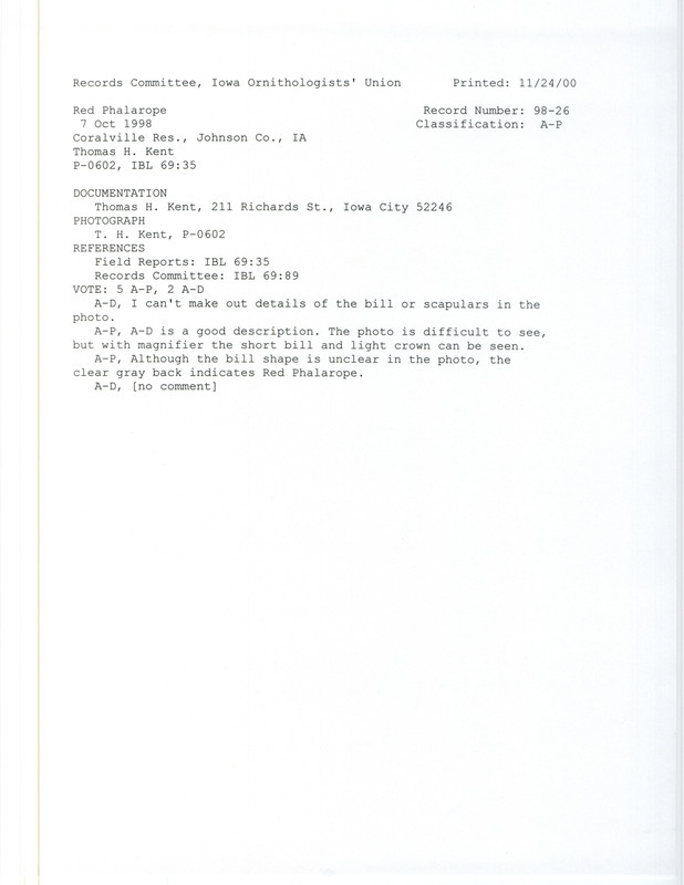 Records Committee review of a Red Phalarope at Babcock Access at Coralville Reservoir in Johnson County, IA on October 7, 1998. Includes a record review document with votes, a photo, and a documentation form submitted to the committee.