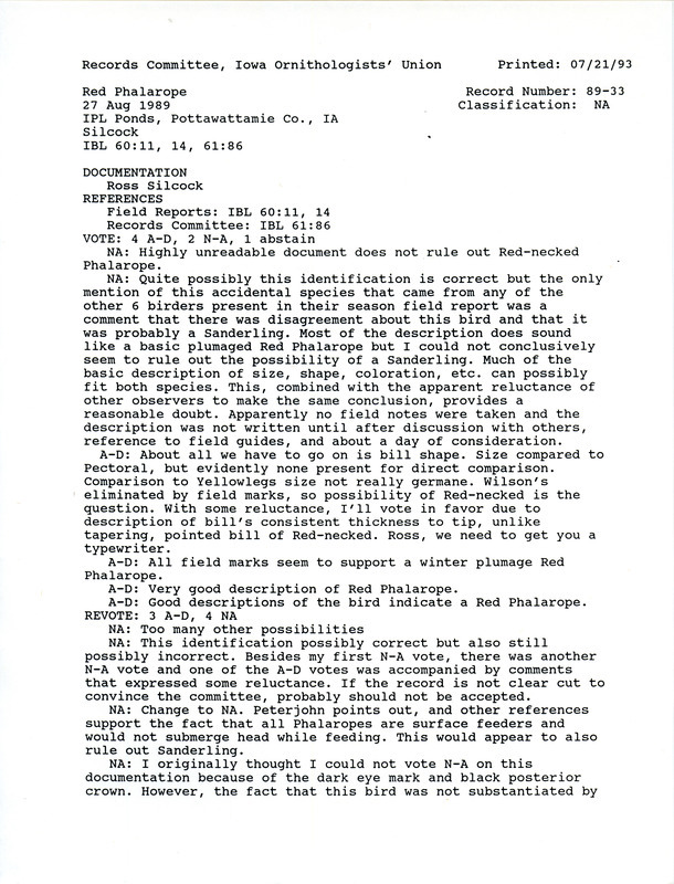 Records Committee review for a Red Phalarope at IPL Ponds in Pottawattamie County, IA on August 27, 1989. Includes a record review document with votes and a documentation form submitted to the committee.