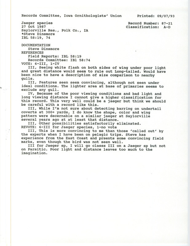 Records Committee review for a Jaeger species bird at Jester Park at Saylorville Reservoir in Polk County, IA on October 27, 1987. Includes a record review document with votes and a documentation form submitted to the committee.