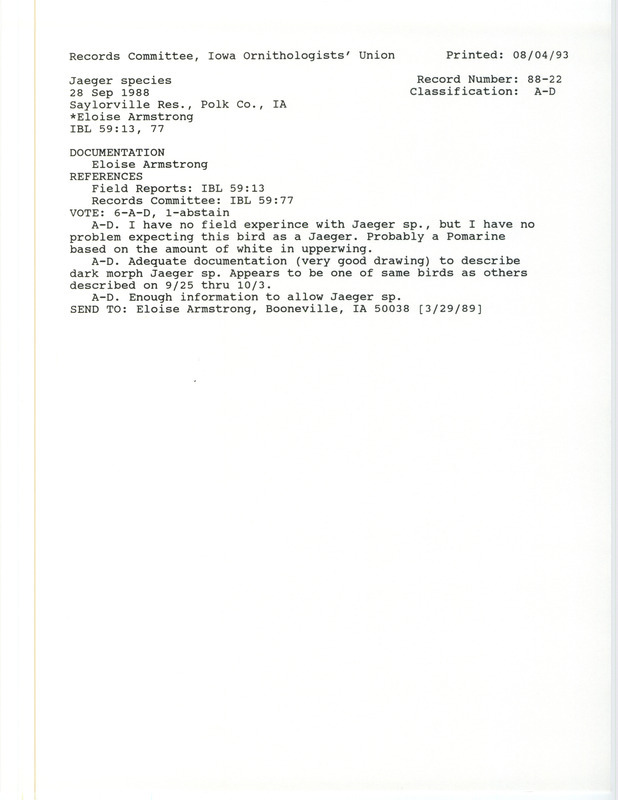 Records Committee review of a Jaeger species at Saylorville Reservoir in Polk County, IA on September 28, 1988. Includes a record review document with votes and a documentation form submitted to the committee.