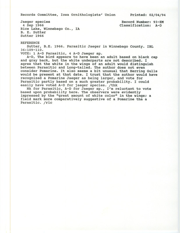 Records Committee review for a Jaeger species at Rice Lake in Winnebago County, IA on September 4, 1966. Includes a record review document with votes and a documentation account reviewed by the committee.