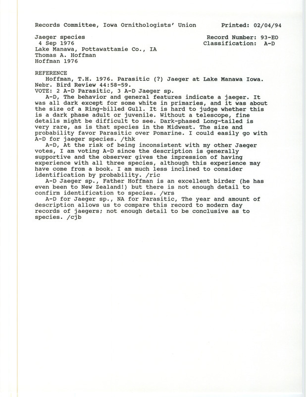 Records Committee review for a Jaeger species bird at Lake Manawa in Pottawattamie County, IA on September 4, 1976. Includes a record review document with votes and a documentation account reviewed by the committee.