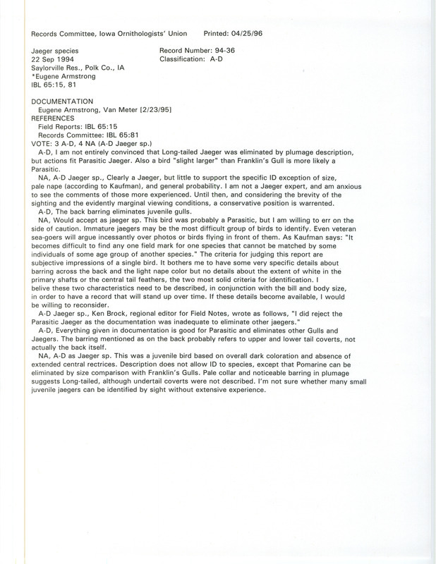 Records Committee review for a Jaeger species bird at Oak Grove Recreation Area at Saylorville Lake in Polk County, IA on September 22, 1994. Includes a record review document with votes and a documentation form submitted to the committee.